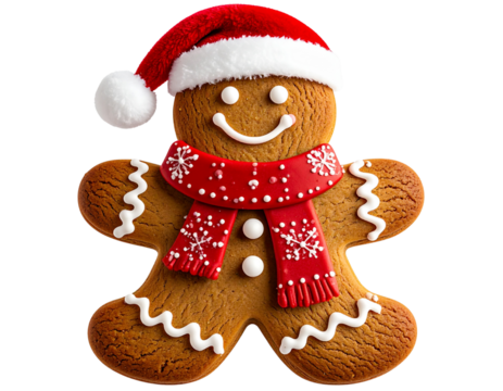 Gingerbread Man Cookie Wearing Santa Hat and Scarf, Winter Costume Style, isolated