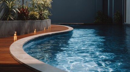 Bright blue pool with wooden arch deck sparkling under sunlight on a clear day, showcasing stunning color contrasts and gentle ripples in the water