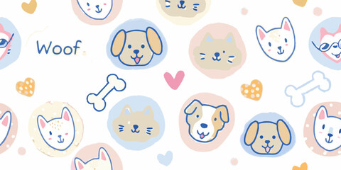 Cute hand drawn dog and cat faces with hearts and bones pattern