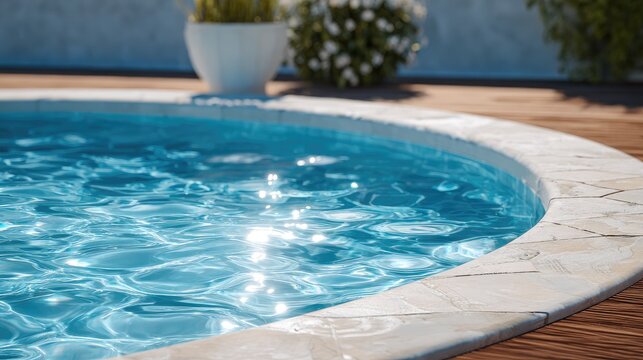 Bright blue pool with wooden arch deck sparkling under sunlight on a clear day, showcasing stunning color contrasts and gentle ripples in the water