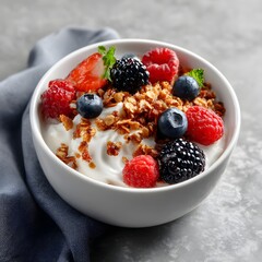 Gourmet Breakfast Plate with Granola Berries and Greek Yogurt Marble