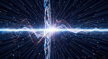 Abstract data stream with glowing particles and wave patterns on dark background