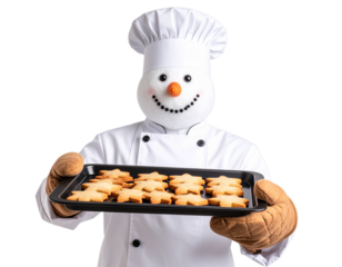  Snowman Chef Holding Baking Tray with Cookies, Kitchen-Themed Character, Isolated PNG