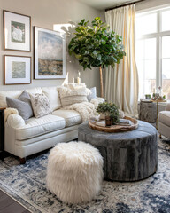 Stylish Modern Living Room with Cozy Sofa and Decorative Elements in Bright Natural Light