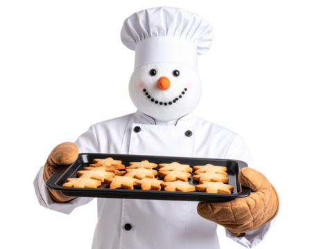 Snowman Chef Holding Baking Tray with Cookies, Kitchen-Themed Character, Isolated PNG - Powered by Adobe
