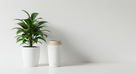 Obraz premium A minimalist composition featuring a lush green potted plant and a sleek white bottle against a clean white background evoking modern simplicity and natural freshness