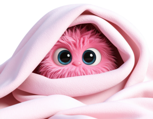  Pink Furry Monster Hiding Under Blanket, Only Eyes Showing, 3D PNG