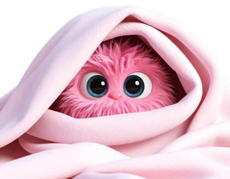  Pink Furry Monster Hiding Under Blanket, Only Eyes Showing, 3D PNG