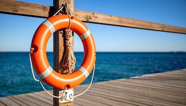 Vibrant Lifebuoy Against Turquoise Sea Waters: A Beacon of Safety and Serenity