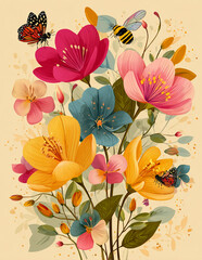 Seamless pink floral vector pattern with a vintage drawing of blossoms, perfect for a summer wallpaper or spring decor