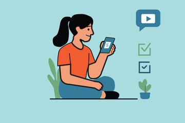 Engaging with online learning. A woman uses her phone for educational content, symbolizing digital education and personal development.