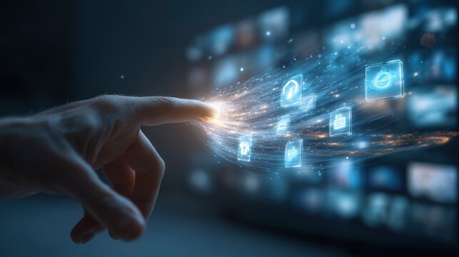 user controlling smart TV with AR gestures, holographic icons floating in space, glowing light trails
