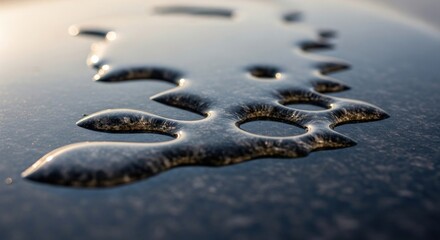 Abstract water droplets on a dark surface, creating unique shapes and patterns