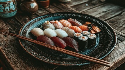 Assorted sushi platter on dark plate