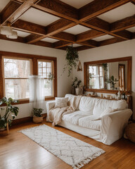 Cozy Living Room with White Sofa and Wooden Beams Bathed in Natural Light and Indoor Plants