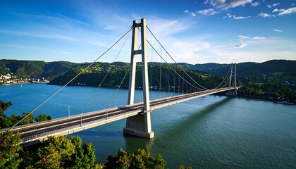 Panoramic view of a modern cable-stayed bridge spanning a river valley