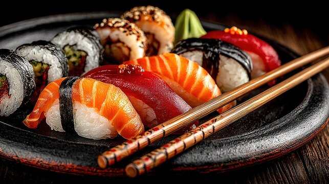 Assorted sushi platter with chopsticks