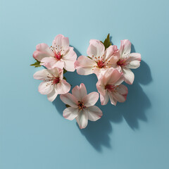 Pastel pink flowers arranged in heart shape on light blue background