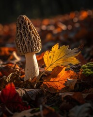 Dramatic close-up of a morel mushroom standing upright amidst autumn leaves rich earth background side lighting effects