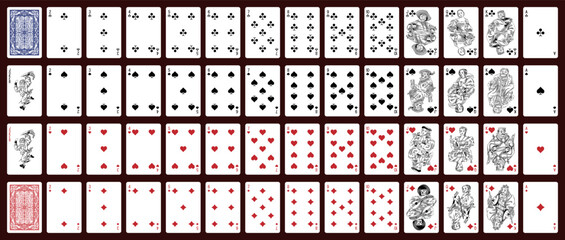 Poker set with isolated cards. Poker playing cards, full deck.