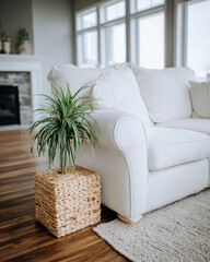 Modern Living Room with White Sofa and Houseplant Accented by Bright Natural Light