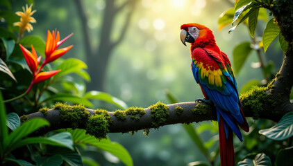 Obraz premium Bright scarlet macaw on a mossy branch surrounded by dense green foliage and flowers in rainforest