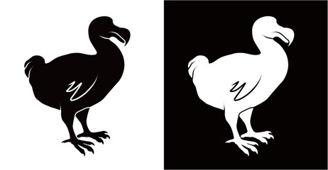 Silhouette of a dodo bird isolated on a white and black background. Vector illustration of a dodo bird.