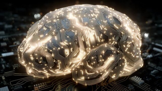 Computer chip with a brain on it. The brain is made of wires and is glowing. circuit board shaped like a brain, glowing with quantum superposition symbols, quantum ai development