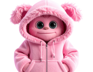  Pink Furry Monster Wearing Oversized Hoodie, Hands in Pockets, 3D Cute Character PNG