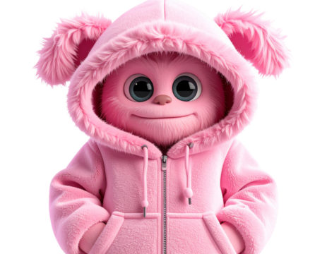  Pink Furry Monster Wearing Oversized Hoodie, Hands in Pockets, 3D Cute Character PNG