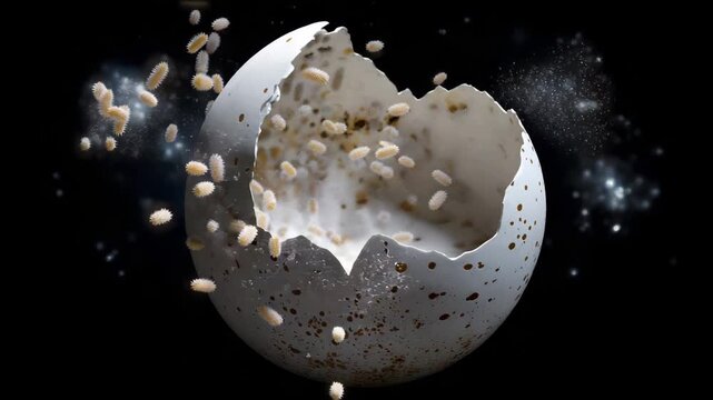 Cracked egg with a lot of white stuff falling out of it. symbolic eggshell cracking with microscopic bacteria floating out, salmonella outbreak