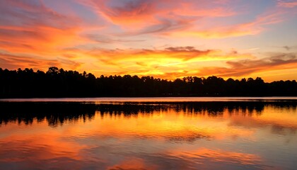 Obraz premium Sunset over a lake with silhouettes of trees