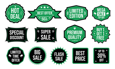 Modern sale label design, green and black best price tags collection