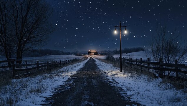 Snowy winter night scene. A country road winds towards a