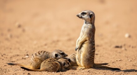 Alert meerkat sentinel stands guard over resting family on sun-baked sand