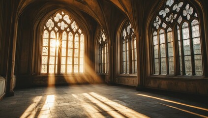 Obraz premium Sunlight streams through ornate gothic windows of an empty chapel