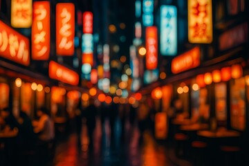 Colorful Japanese Street at Night with Neon Lights (Blurred Bokeh)