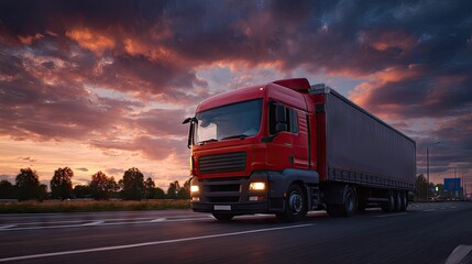 Obraz premium Traditional red truck driving along highway surrounded by green meadows at sunset, showcasing a large cargo container lorry in a summer landscape