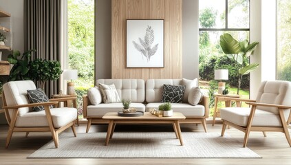 Light-filled living room with a light beige sofa and matching armchairs.  Wooden accents throughout