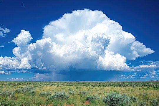 Vast, puffy cumulonimbus cloud over a flat, grassy plain under a vibrant blue sky - Powered by Adobe