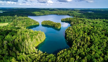 Aerial view of a serene lake surrounded by lush forests