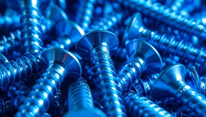 A chaotic pile of metallic blue screws with flat heads and threaded bodies, overlapping on a neutral surface—highlighting industrial precision and visual rhythm.