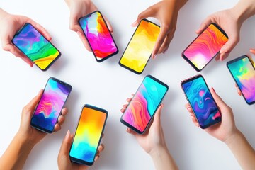 Diverse hands hold colorful smartphones, arranged in a circle on a white surface