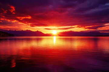 Fototapeta premium Vibrant sunset over a calm lake. Dramatic colors reflect on the water