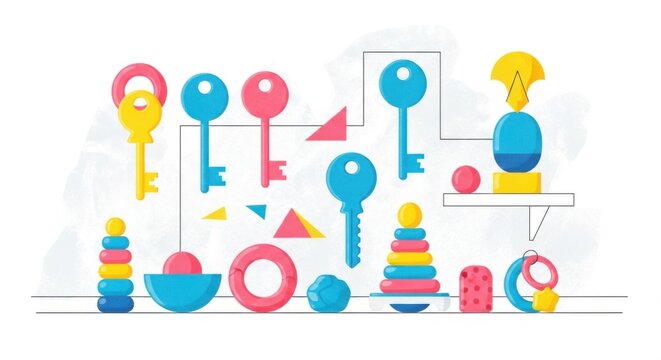 Colorful Vintage Toys and Keys Collection for Childhood Fun and Nostalgia