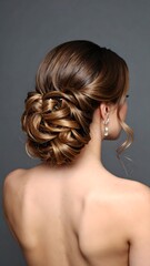 Fototapeta premium Intricate bridal hairstyle featuring a beautifully twisted low bun with soft curls, perfect for weddings and formal occasions.