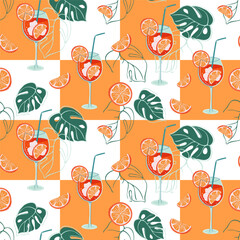 Aperol Spritz Cocktail seamless pattern. Geometric background with glass of refreshing drink, orange slices, tropical leaves. Flat design colorful hand drawn vector illustration.
