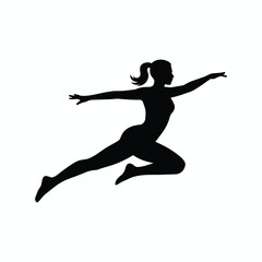 Silhouette of athletic woman leaping in dynamic pose, isolated on white background, symbolizing fitness, strength, energy, freedom, and healthy active lifestyle.