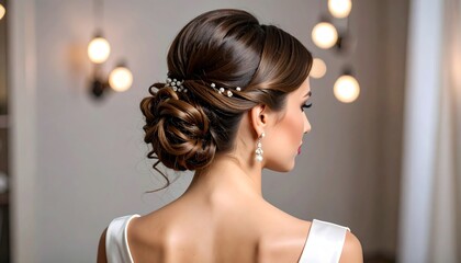 Elegant bridal hairstyle featuring a voluminous low bun with delicate pearl hair accessories, perfect for weddings and formal occasions.