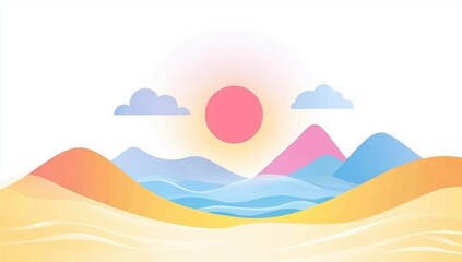 Pastel landscape of desert, mountains, and sea.  Sunrise or sunset